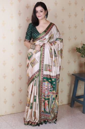 Green tussar silk digital print zari woven border saree with contrast blouse piece