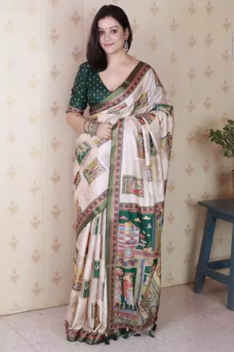 Green tussar silk digital print zari woven border saree with contrast blouse piece