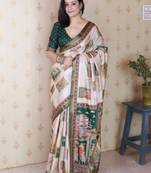 Green tussar silk digital print zari woven border saree with contrast blouse piece