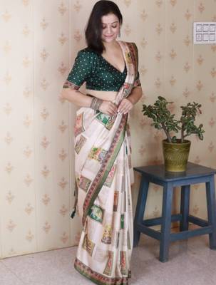 Green tussar silk digital print zari woven border saree with contrast blouse piece 3