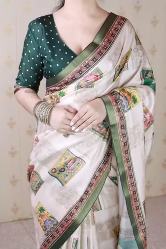 Green tussar silk digital print zari woven border saree with contrast blouse piece