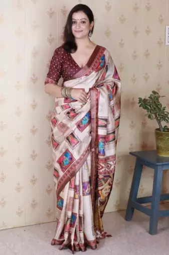Maroon tussar silk digital print zari woven border saree with contrast blouse piece