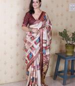 Maroon tussar silk digital print zari woven border saree with contrast blouse piece