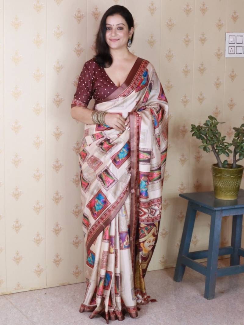 Maroon tussar silk digital print zari woven border saree with contrast blouse piece