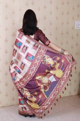 Maroon tussar silk digital print zari woven border saree with contrast blouse piece 2