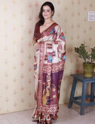 Maroon tussar silk digital print zari woven border saree with contrast blouse piece 3