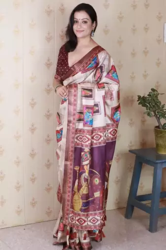 Maroon tussar silk digital print zari woven border saree with contrast blouse piece