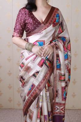 Maroon tussar silk digital print zari woven border saree with contrast blouse piece 4