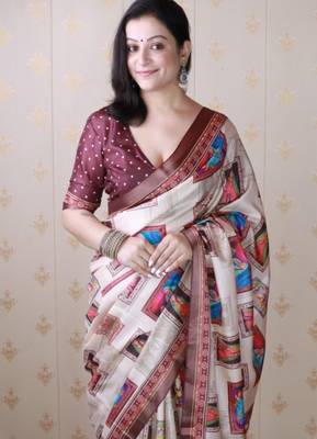 Maroon tussar silk digital print zari woven border saree with contrast blouse piece 5