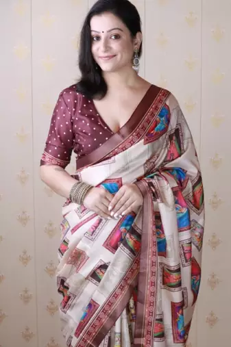 Maroon tussar silk digital print zari woven border saree with contrast blouse piece