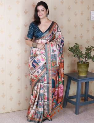 Teal tussar silk digital print zari woven border saree with contrast blouse piece 1