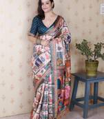 Teal tussar silk digital print zari woven border saree with contrast blouse piece