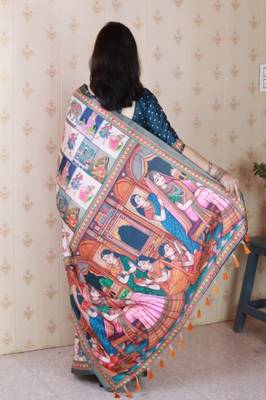 Teal tussar silk digital print zari woven border saree with contrast blouse piece 2