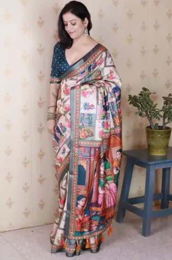 Teal tussar silk digital print zari woven border saree with contrast blouse piece