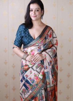 Teal tussar silk digital print zari woven border saree with contrast blouse piece 5
