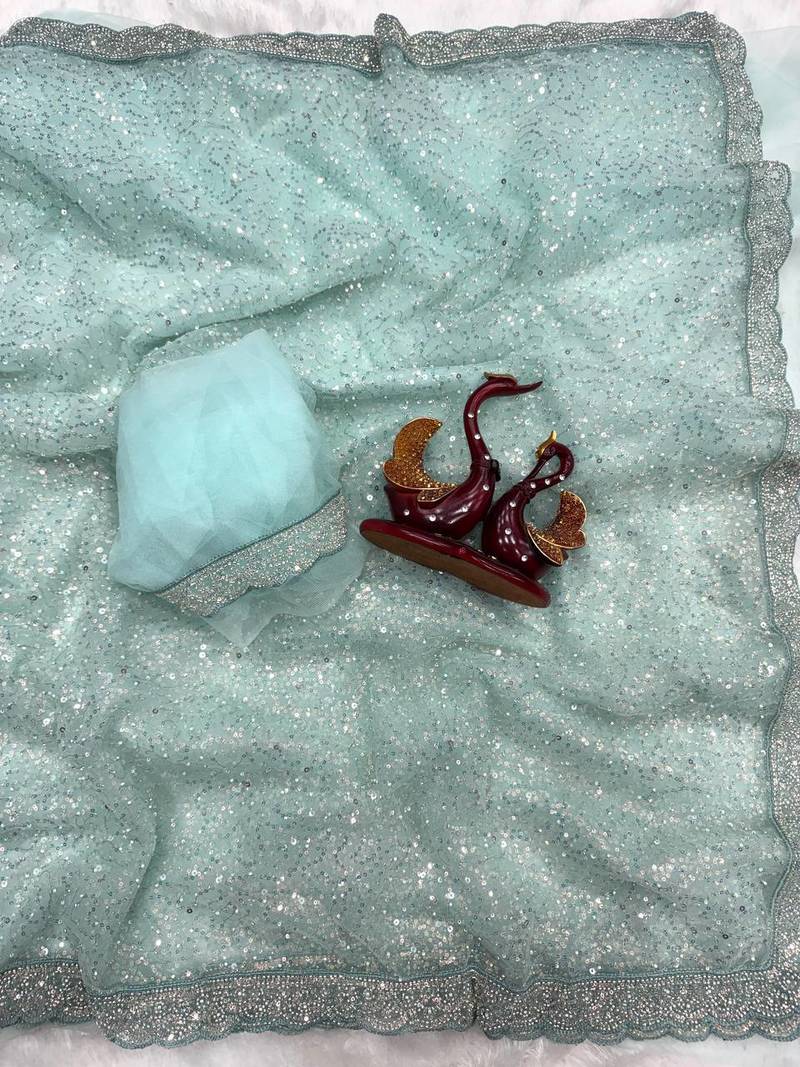 Blue Color Zari And Sequence Embroidery Work Rangoli Silk Saree