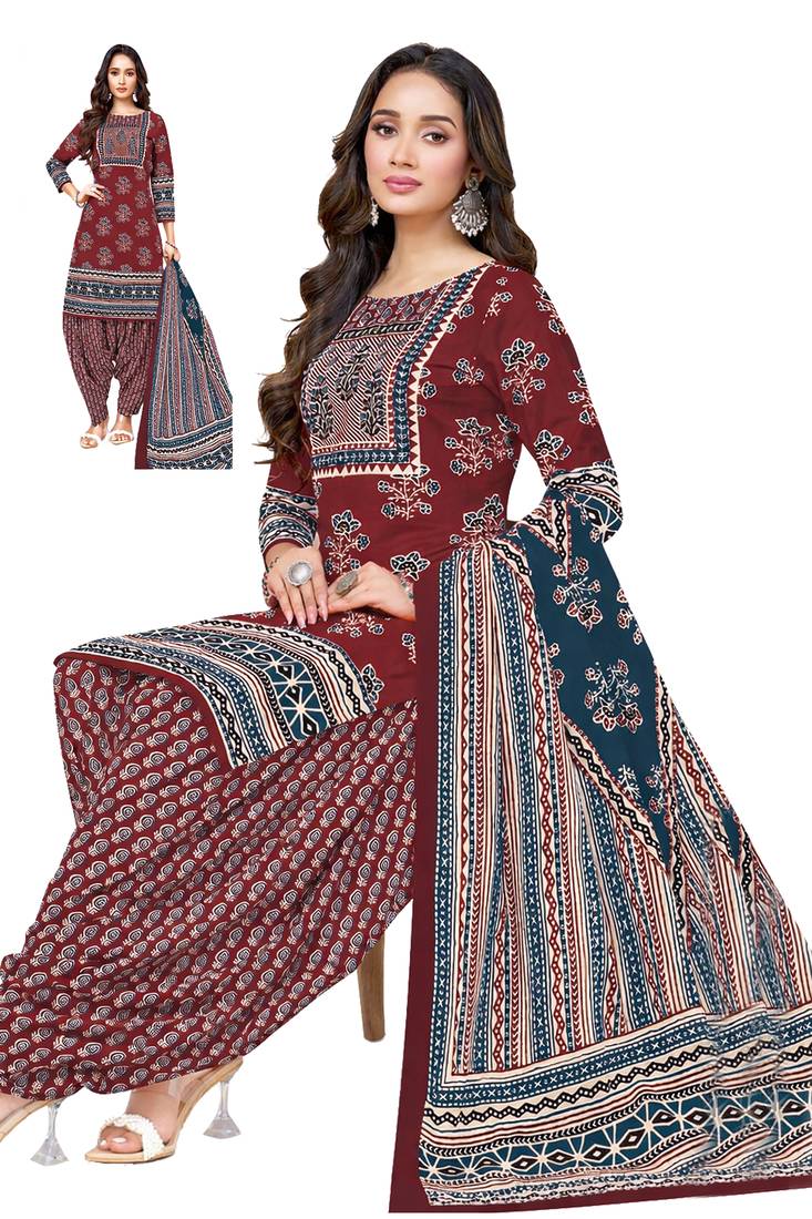 Red color crepe silk printed women unstitched dress material