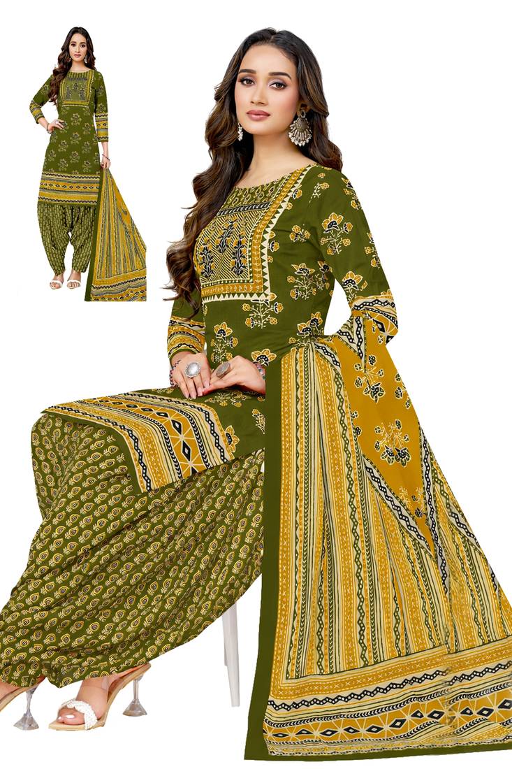 Green  color crepe silk printed women unstitched dress material