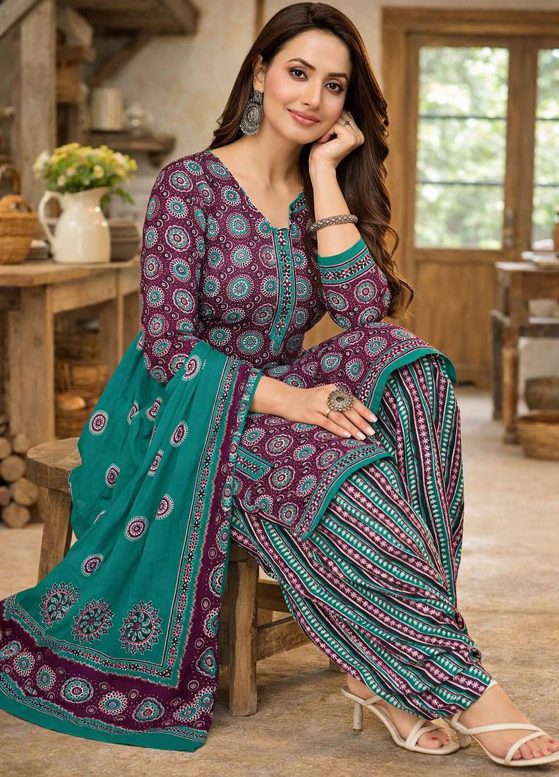 Magenta color crepe silk printed women unstitched dress material