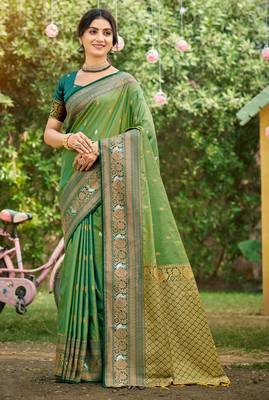orange soft silk blend woven work traditional saree 1