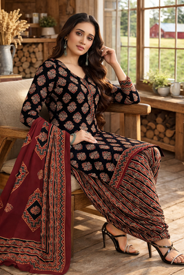 Black color crepe silk printed women unstitched dress material 1