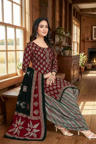 Red color crepe silk printed women unstitched dress material