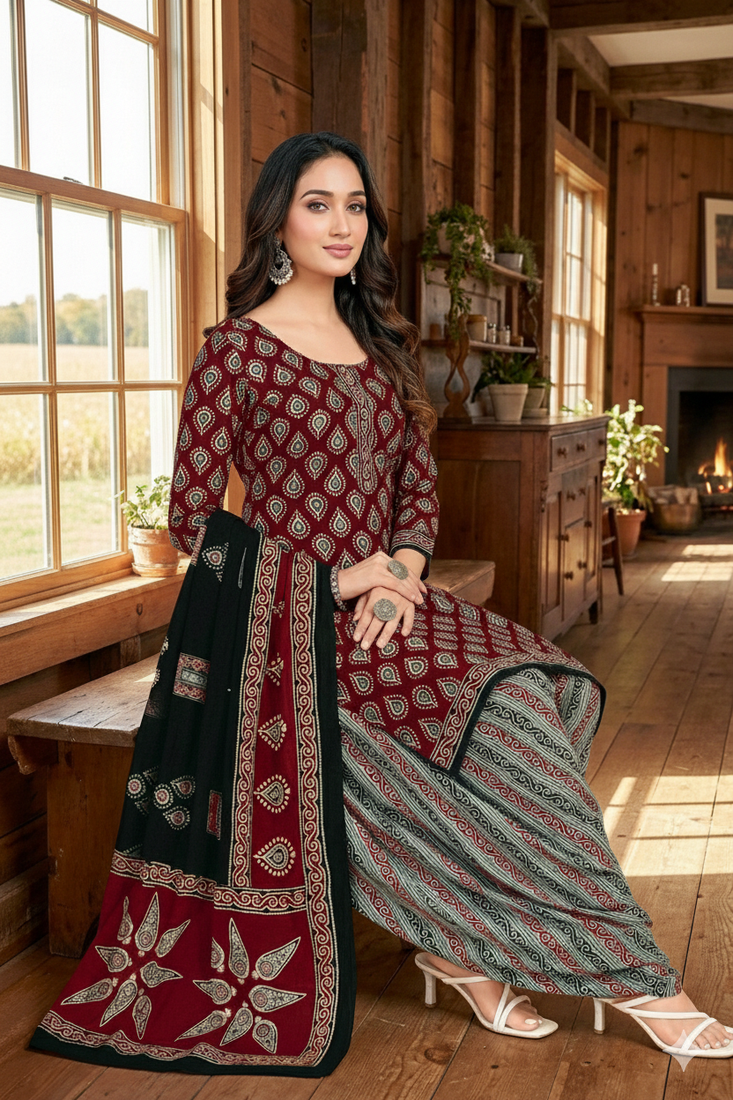 Red color crepe silk printed women unstitched dress material