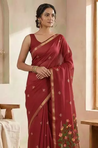 Maroon Color Jamdani weave  cotton Saree