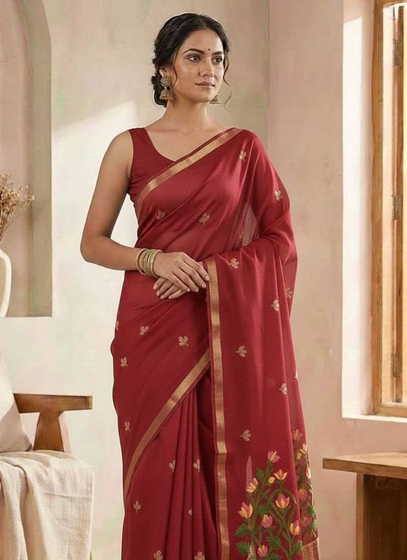 Maroon Color Jamdani weave  cotton Saree