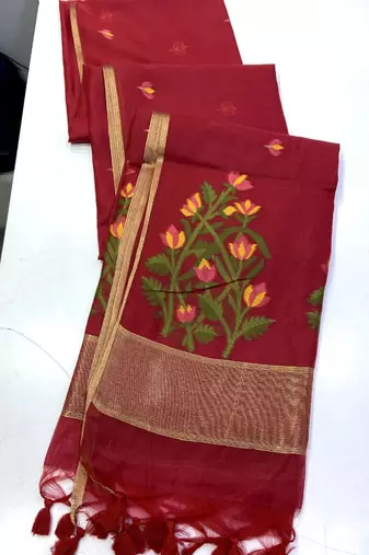 Maroon Color Jamdani weave  cotton Saree