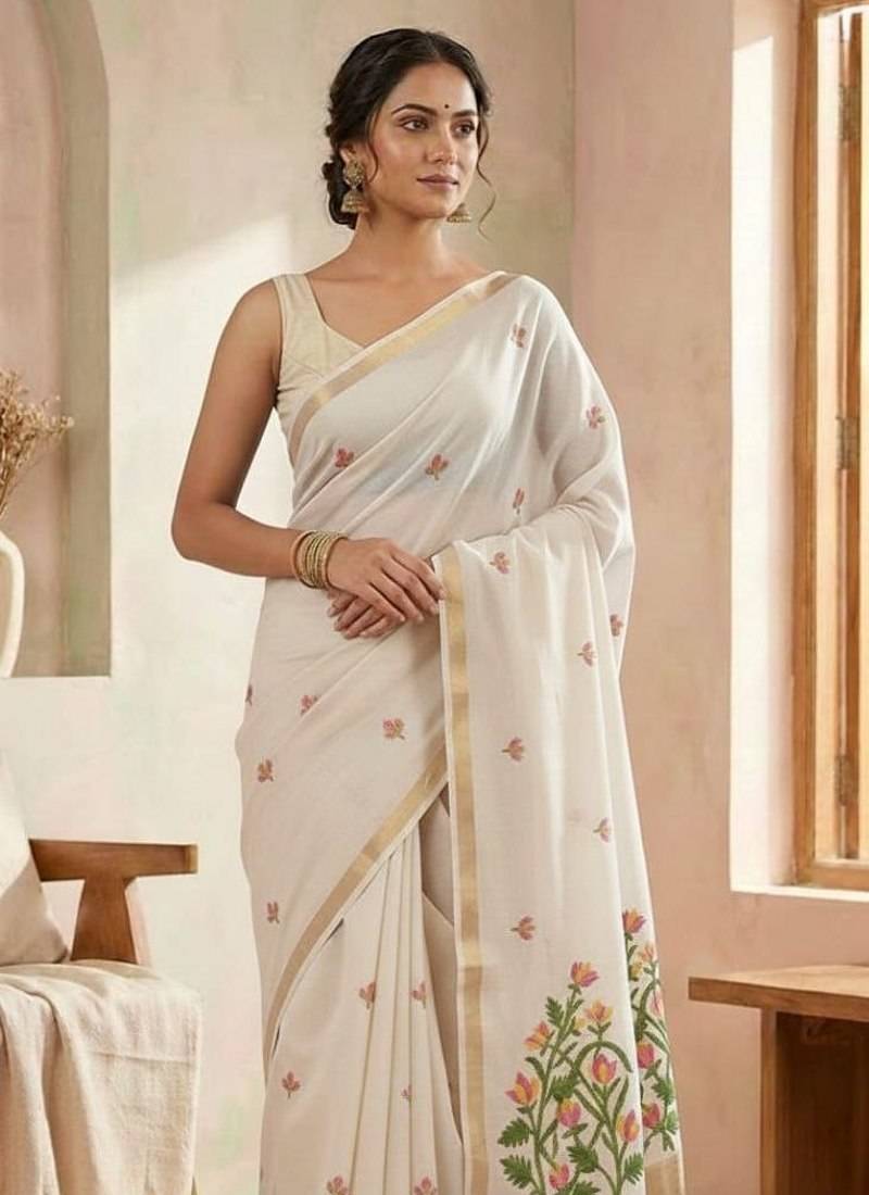 White Color Jamdani weave  cotton Saree