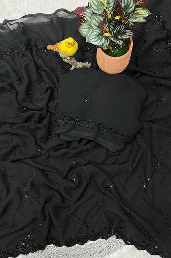 Designer faux georgette beads and sequence work saree with blouse