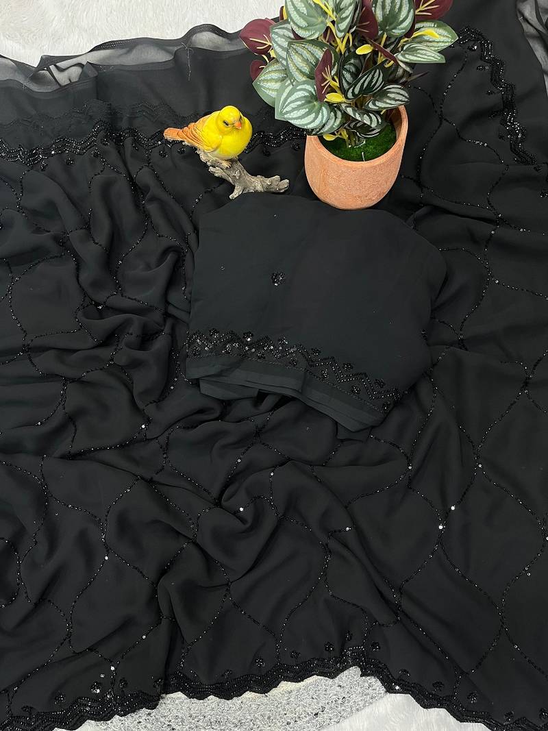 Designer faux georgette beads and sequence work saree with blouse