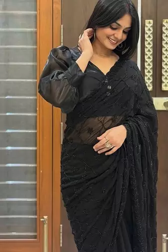 Designer faux georgette beads and sequin work saree with blouse