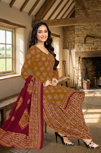 Mustard color crepe silk printed women unstitched dress material