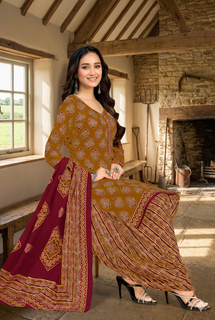 Mustard color crepe silk printed women unstitched dress material