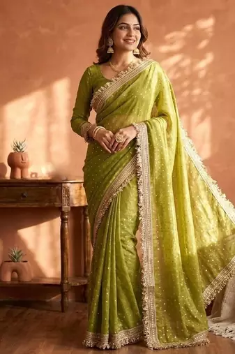 Perrot moss silk with jecquard butti saree with unstitched blouse