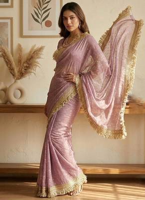 Pink moss silk with jecquard butti saree with unstitched blouse 4