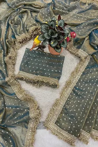 Grey moss silk with jecquard butti saree with unstitched blouse