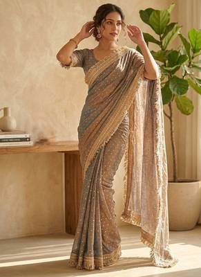 Grey moss silk with jecquard butti saree with unstitched blouse 4
