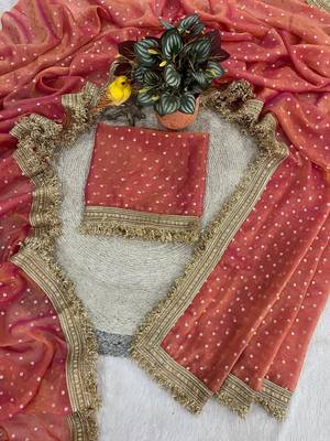 Peach moss silk with jecquard butti saree with unstitched blouse 1