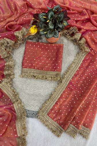 Peach moss silk with jecquard butti saree with unstitched blouse
