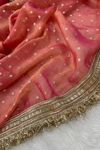 Peach moss silk with jecquard butti saree with unstitched blouse