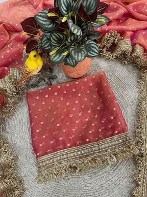Peach moss silk with jecquard butti saree with unstitched blouse 3