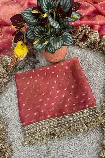 Peach moss silk with jecquard butti saree with unstitched blouse