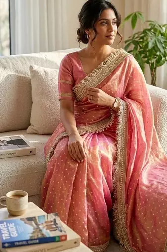 Peach moss silk with jecquard butti saree with unstitched blouse