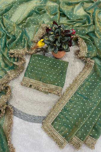 Seagreen moss silk with jecquard butti saree with unstitched blouse