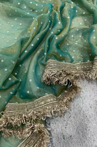 Seagreen moss silk with jecquard butti saree with unstitched blouse