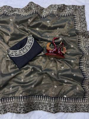 Dark Grey Color Sequance and Dori Embroidery work Twill Net Saree 1
