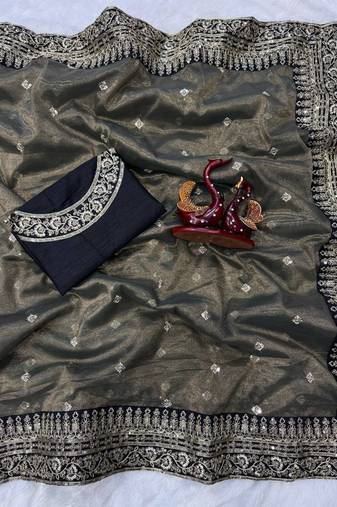 Dark Grey Color Sequance and Dori Embroidery work Twill Net Saree